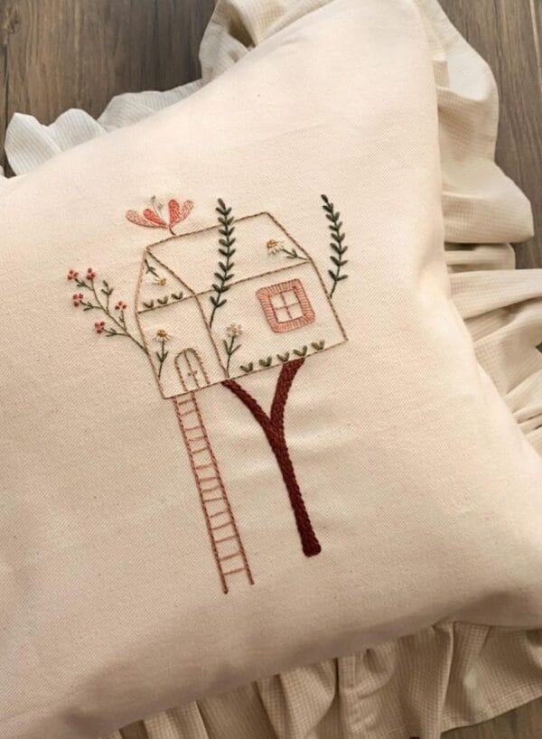 Handmade Embroidered Treehouse Cushion